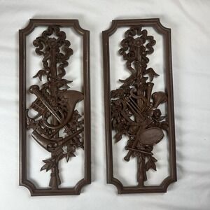 Vintage Homco Brown Musical Instrument Wall Hanging Plaque Set Of‎ 2